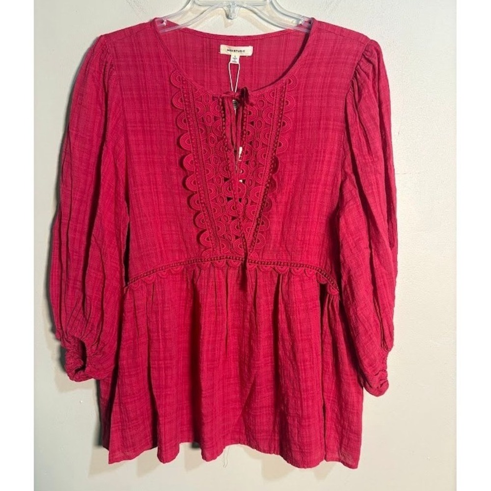 MAX STUDIO Cerise Pink‎ Lace Trim Peasant Blouse Top Womens Large L NWT